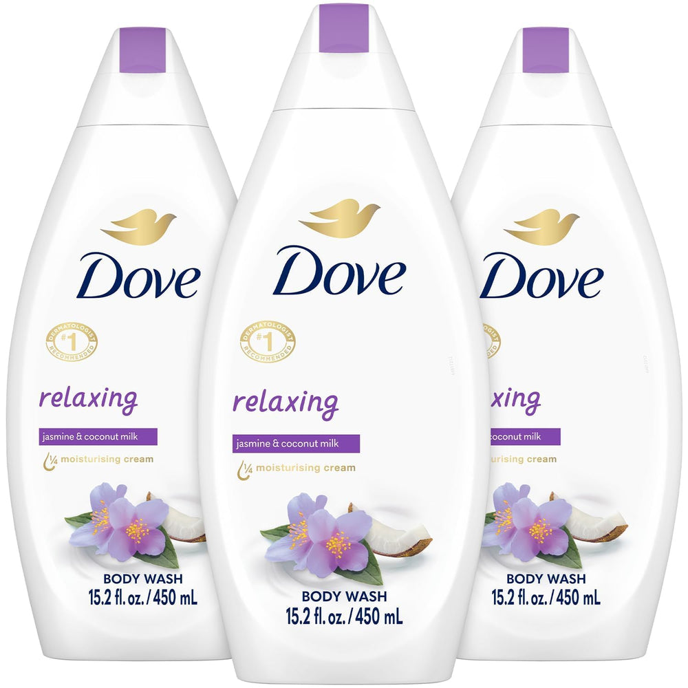Dove Relaxing Body Wash Jasmine & Coconut Milk bottle pour highlighting hydrating cleanse