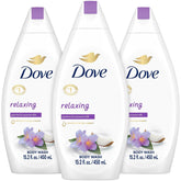 Dove Relaxing Body Wash Jasmine & Coconut Milk bottle pour highlighting hydrating cleanse