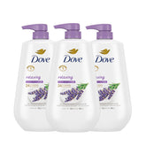 Dove Relaxing Body Wash pump bottle with calming lavender and chamomile cleanse.
