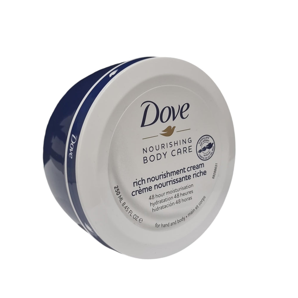 Dove Rich Nourishment Cream packshot shows the 250 ml bottle for long-lasting moisturization.