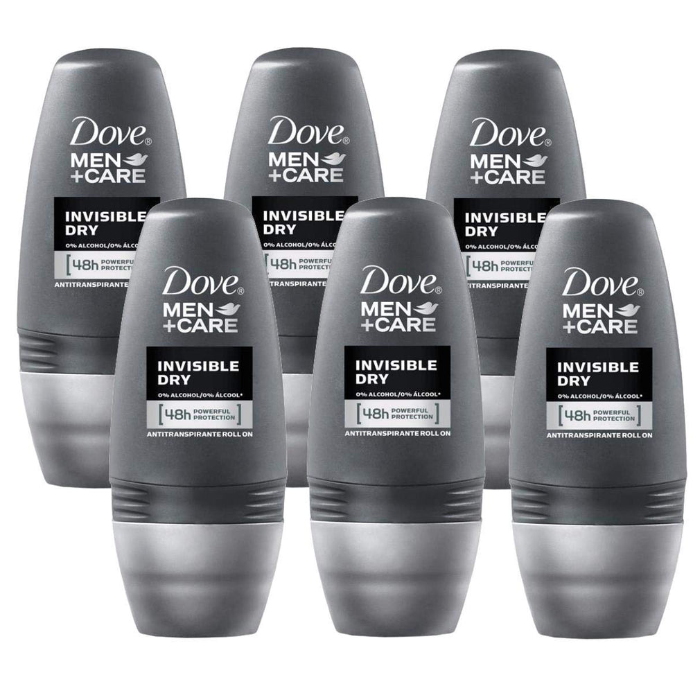 Dove roll-on invisible-dry bottle 6-pack shows invisible finish and all-day freshness.