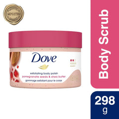Dove Scrub Pomegranate & Shea Butter exfoliating particles gently buff dull skin.