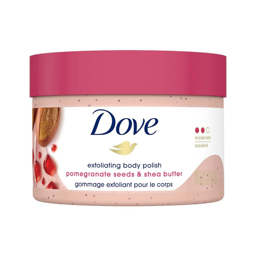 Dove Scrub Pomegranate & Shea Butter jar closeup showing creamy texture for silky skin.