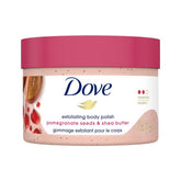 Dove Scrub Pomegranate & Shea Butter jar closeup showing creamy texture for silky skin.