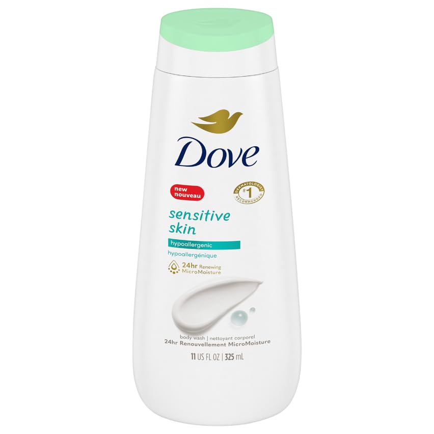 Dove Sensitive Skin Body Wash bottle highlights fragrance-free cleansing for sensitive skin.