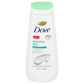 Dove Sensitive Skin Body Wash bottle highlights fragrance-free cleansing for sensitive skin.