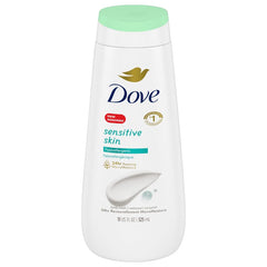 Dove Sensitive Skin Body Wash bottle highlights fragrance-free cleansing for sensitive skin.