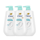 Dove Sensitive Skin Body Wash pack shot shows a 3-pack for consistent daily cleansing.
