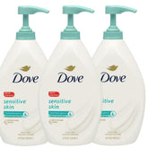 Dove Sensitive Skin Body Wash pump bottle demonstrates gentle cleansing for soft, hydrated skin.