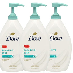 Dove Sensitive Skin Body Wash pump bottle demonstrates gentle cleansing for soft, hydrated skin.