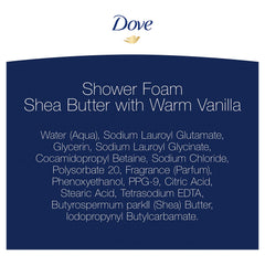 Dove Shower Foam Shea Butter cream-foam highlights rich, skin-softening texture.