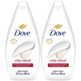 Dove Silky Velvet Body Wash bottle pour demonstrates creamy hydration for skin.