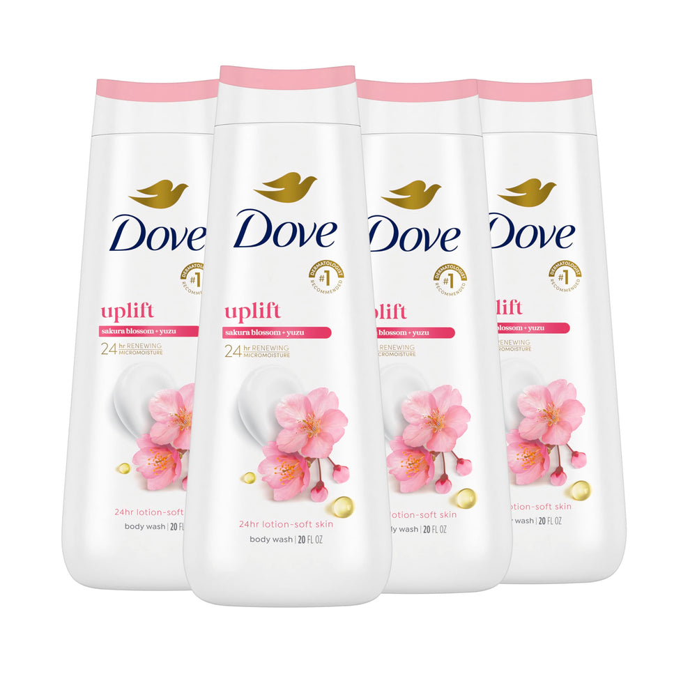 Dove Uplifting Sakura Blossom Yuzu bottle highlighting hydrating cleansing for soft skin.