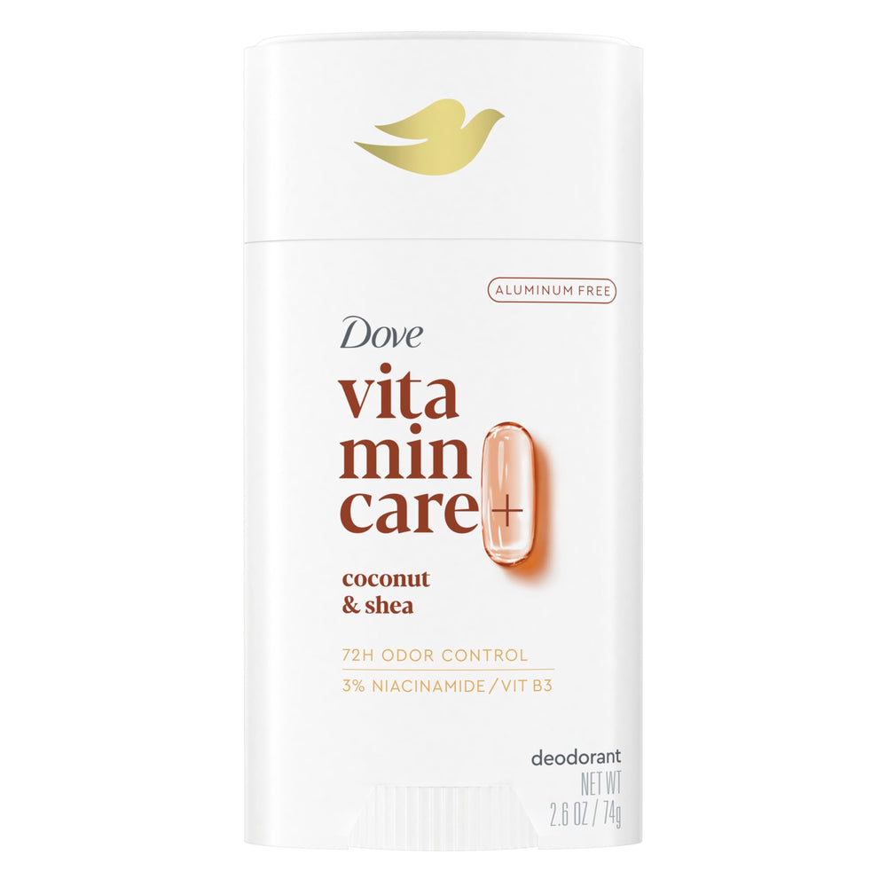 Dove VitaminCare+ Coconut and Shea packaging reveals aluminum-free formula and 72-hour odor protection