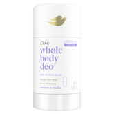 Dove Whole Body Deo coconut-vanilla stick front view shows long-lasting freshness without aluminum.
