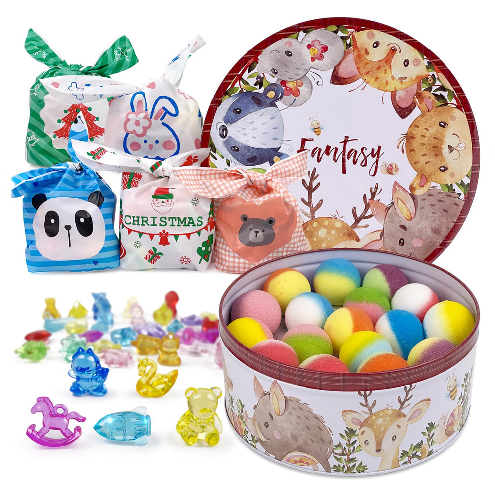 DOVIPE 34-6 bath bombs in tin case deliver colorful fizz for kids' bath time.