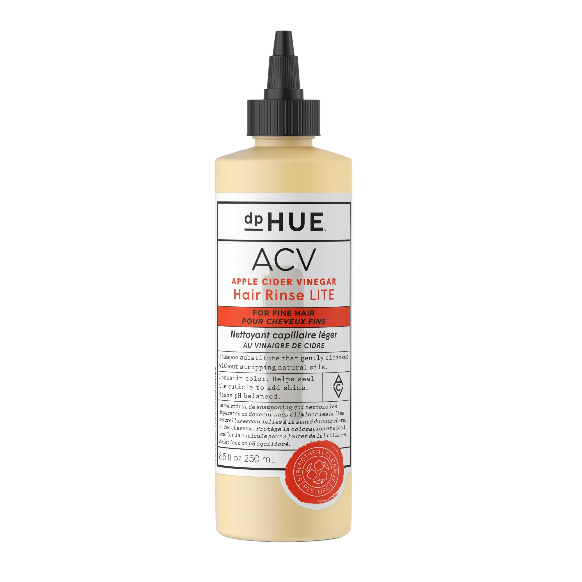 dpHUE front bottle view showing 8.5 oz ACV rinse and lightweight benefit