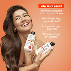 dpHUE ACV Revitalizing Shampoo label closeup showcasing vegan and color-safe formula.
