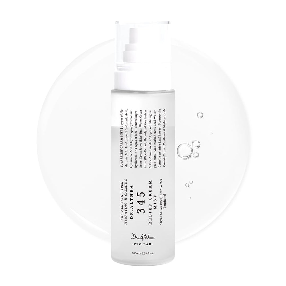 Dr.Althea 345 Relief Cream Mist bottle showing portable hydration for sensitive skin.