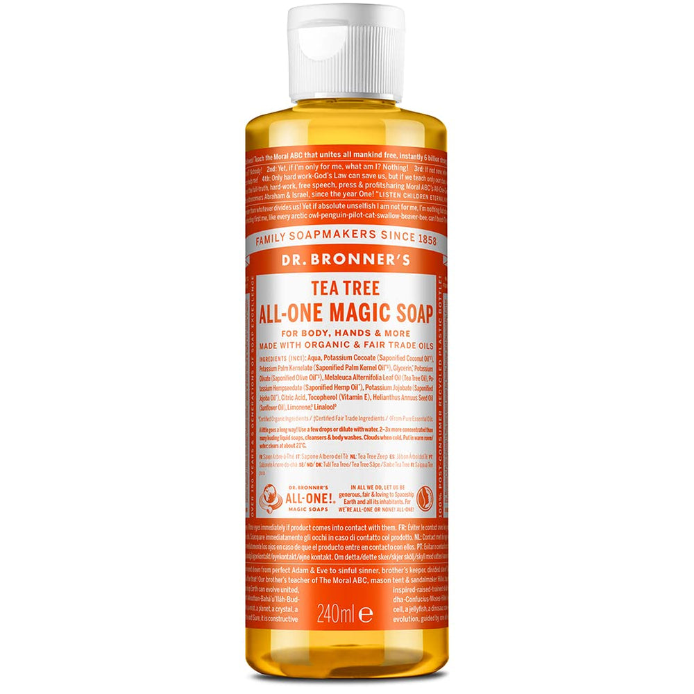 Dr. Bronner's Pure-Castile Tea Tree bottle pour demonstrates versatile cleaning and gentle skincare.