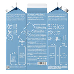 Dr. Bronner's carton shows 86% less plastic, reducing waste.