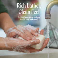 Dr. Bronner's Almond castile bar highlights plant-based oils for daily skin and hair care.
