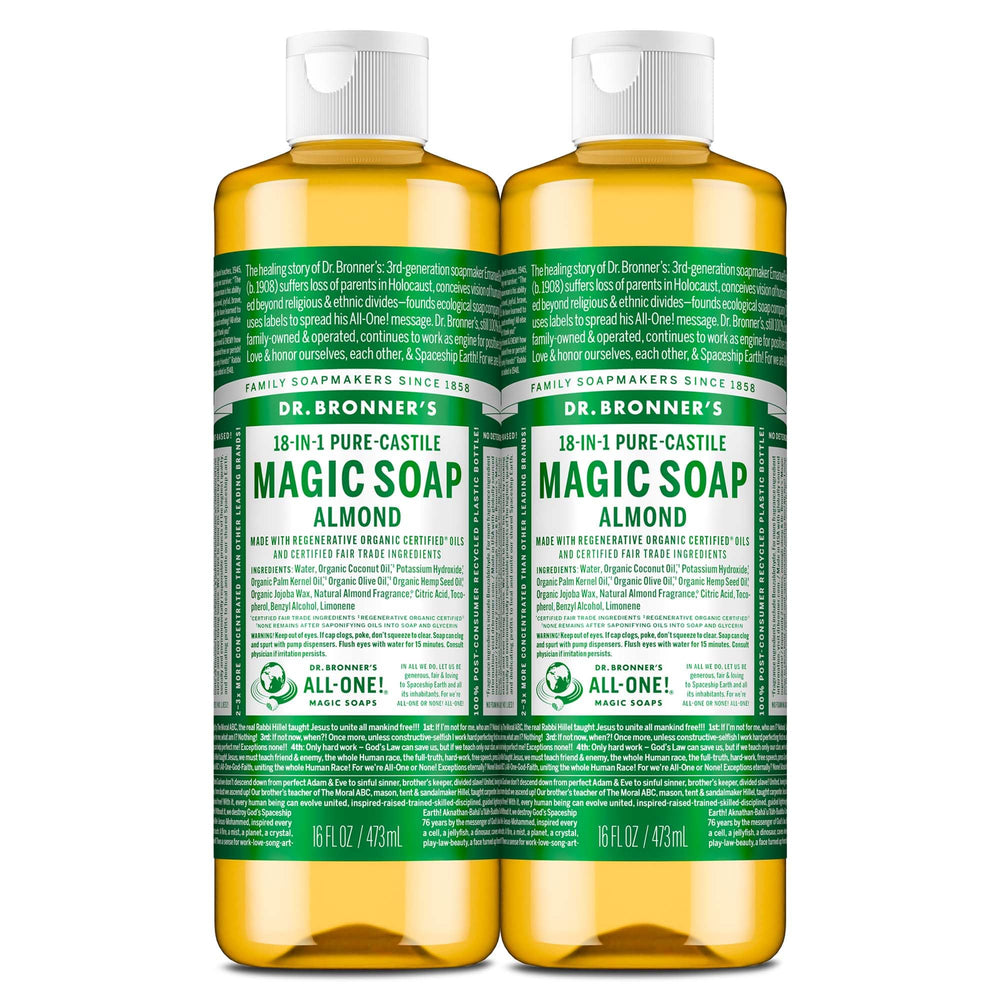Dr. Bronner's Almond Castile bottle emphasizes sustainable packaging for eco-conscious cleaning.