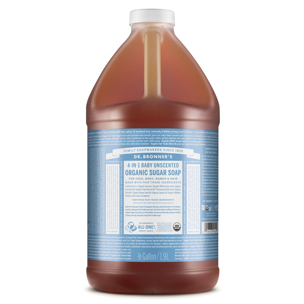 Dr. Bronner's Baby Unscented Sugar Soap bottle shows gentle cleansing for the whole family.