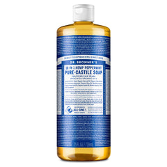 Dr. Bronner's Hemp Peppermint Castile Oil bottle offers versatile skin, hair, and cleaning use.