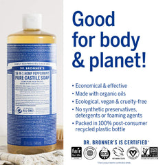 The bottle pour enables precise, mess-free application of Dr. Bronner's hemp peppermint oil.