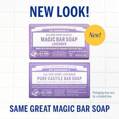 Dr. Bronner's lavender bar close-up shows creamy lather for refreshing daily cleanse.