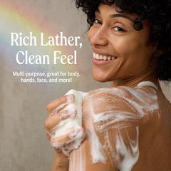 Dr. Bronner's Lavender bar demonstrates use on face, body, and hair.