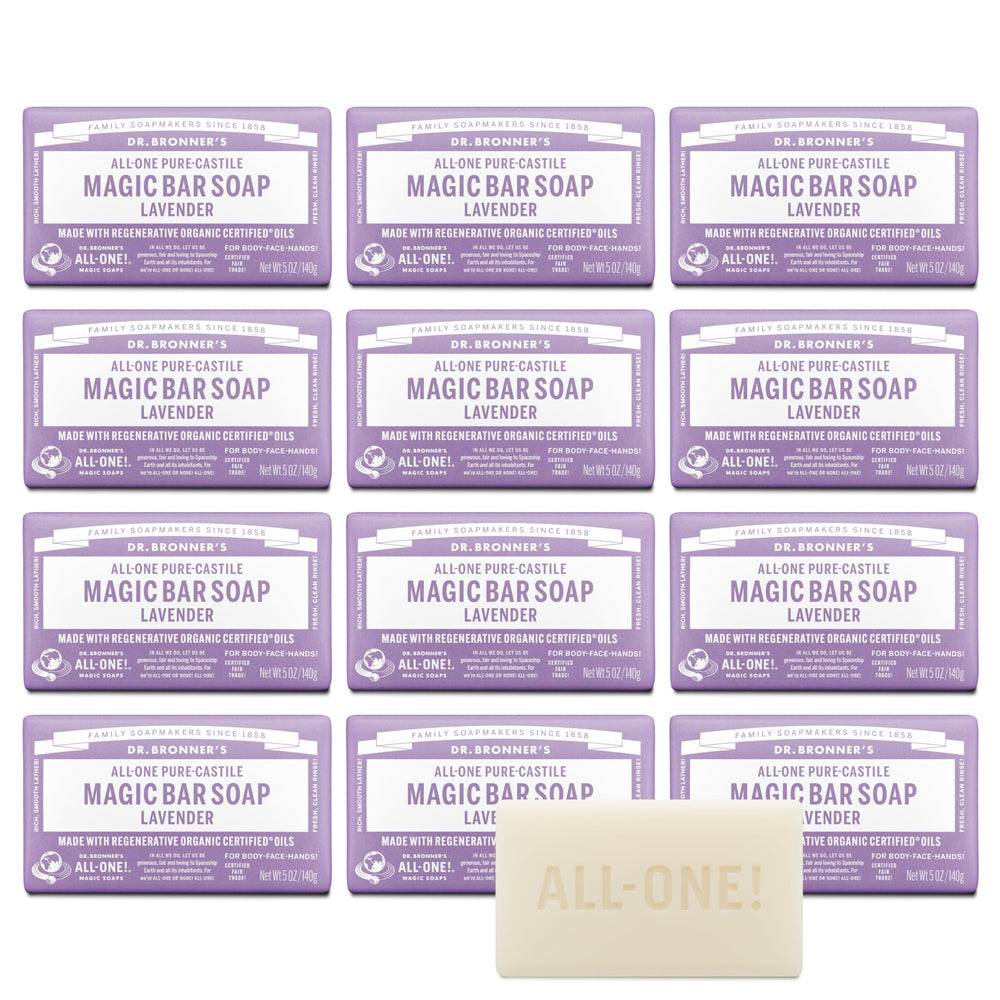 Dr. Bronner's Lavender Magic Bar front packaging highlights eco-friendly, versatile cleansing.