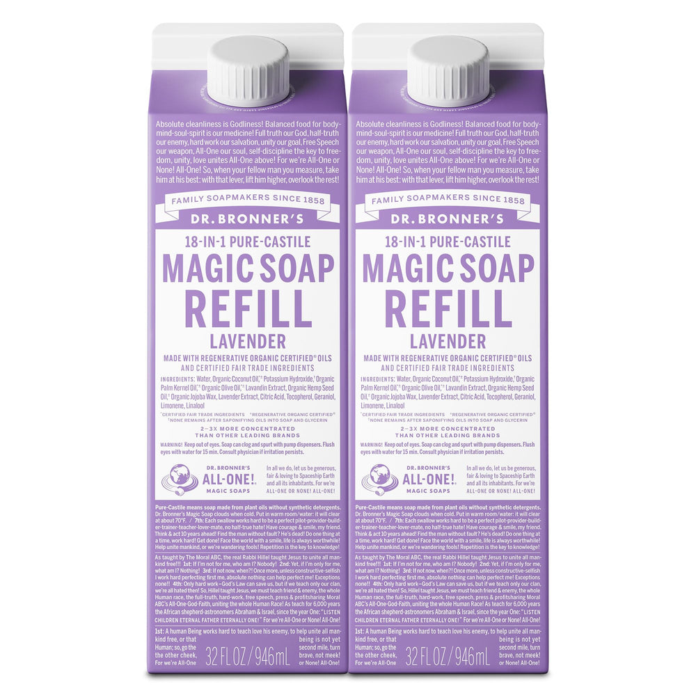 Dr. Bronner's Lavender Pure-Castile refill bottle pouring for multi-use cleansing.