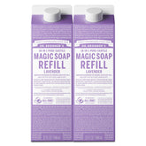 Dr. Bronner's Lavender Pure-Castile refill bottle pouring for multi-use cleansing.