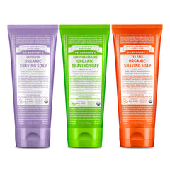 Dr. Bronner's lavender shaving soap lather showcases soothing aroma for a gentle shave.