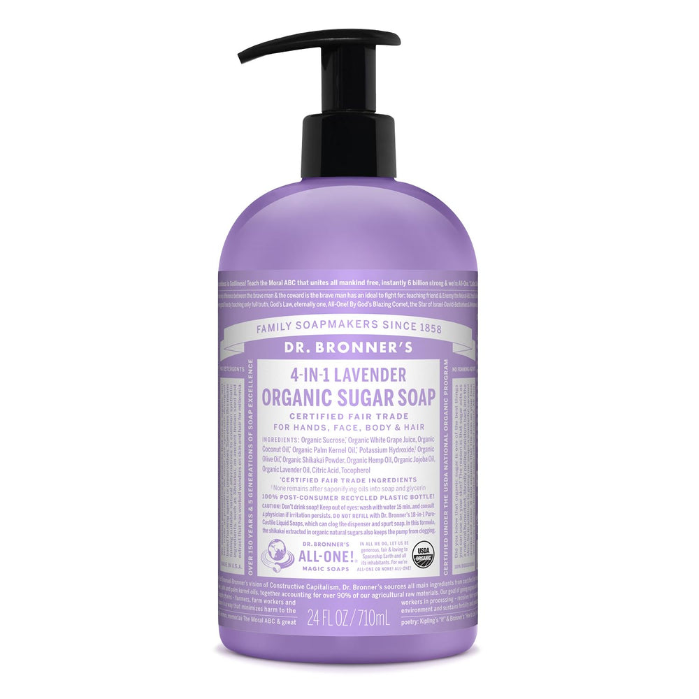 Dr. Bronner's Lavender Sugar Soap bottle provides a gentle all-in-one cleanse