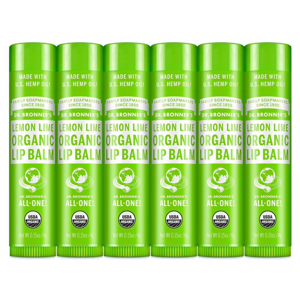 Dr. Bronner’s Organic Lip Balm 6-pack packshot showing a convenient moisturizing lip care kit.