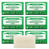 Dr. Bronner's Magic Bar Almond soap bar close-up shows rich lather for face and body cleansing.