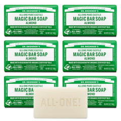 Dr. Bronner's Magic Bar Almond soap bar close-up shows rich lather for face and body cleansing.