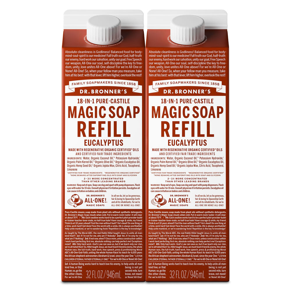 Dr. Bronner's Magic Soap eucalyptus refill bottle pour for versatile cleaning