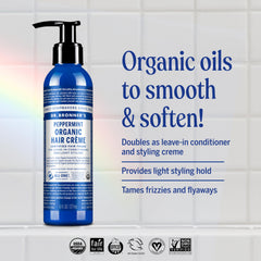 Dr. Bronner's Organic Hair Creme peppermint application scene showing easy ends styling
