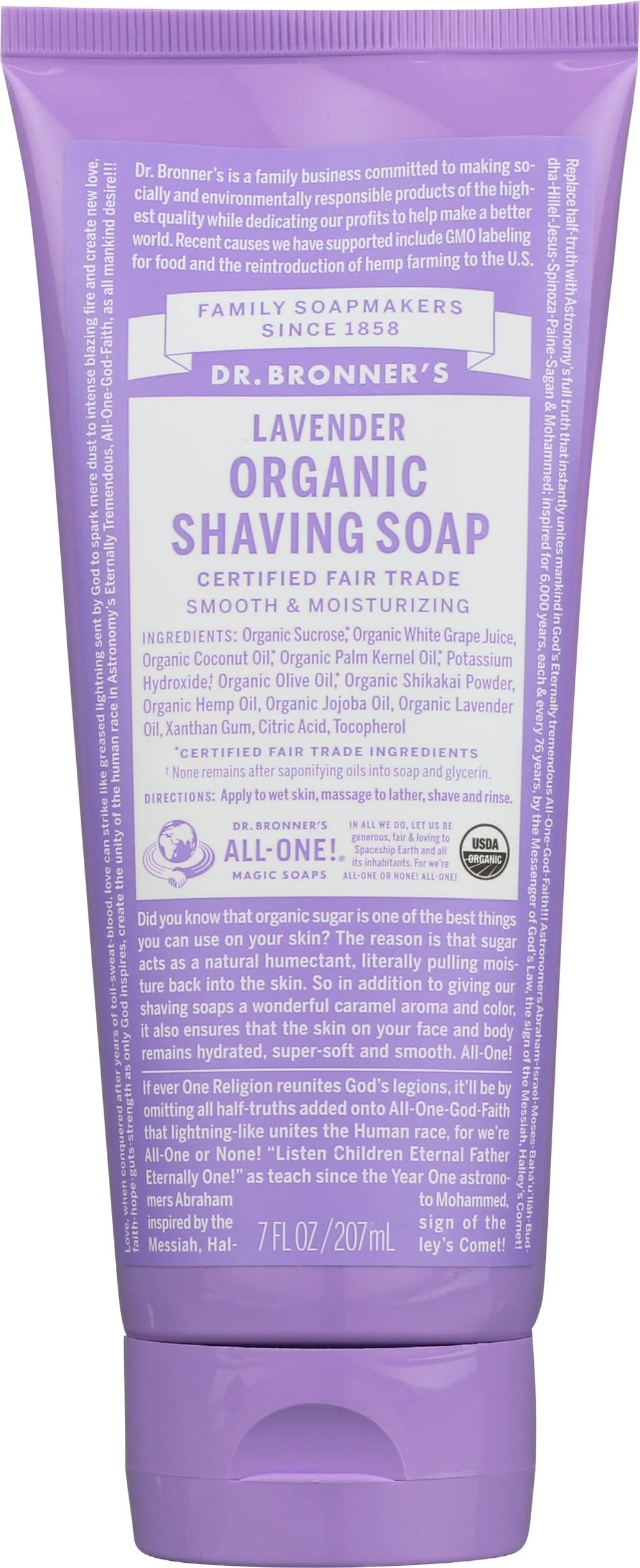 Dr. Bronner's Organic Lavender Shaving Soap bottle shows creamy lather for a smooth shave.
