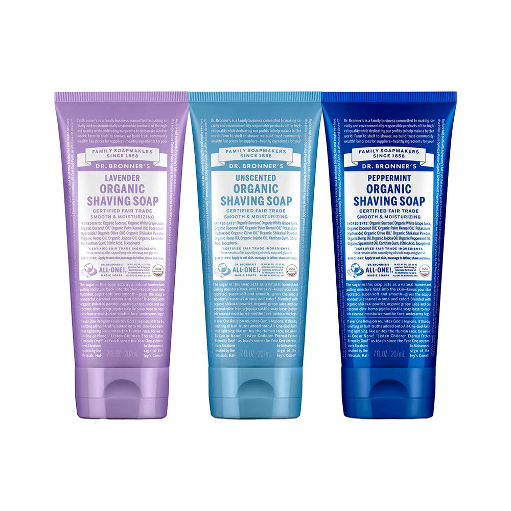 Dr. Bronner's Lavender shaving soap bar providing a creamy, moisturizing lather for sensitive skin.