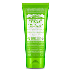 Dr. Bronner's Organic Shaving Soap Lemongrass bottle with creamy lather for a smooth shave.