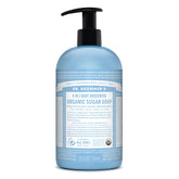 Dr. Bronner's Baby Unscented sugar soap bottle with gentle cleanse for sensitive skin.