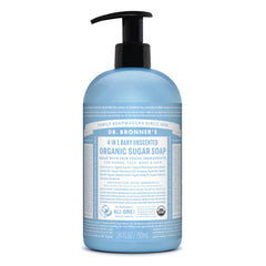 Dr. Bronner's Baby Unscented sugar soap bottle with gentle cleanse for sensitive skin.