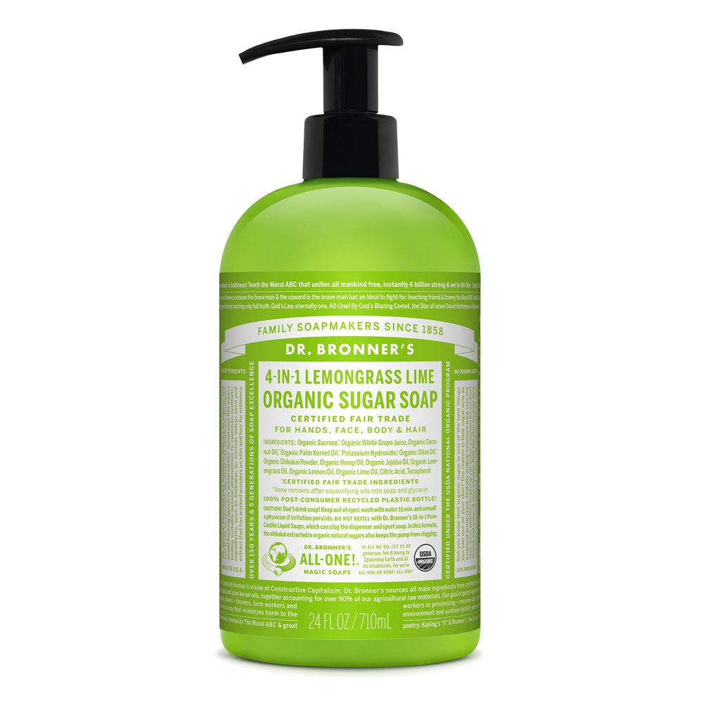 Dr. Bronner's Organic Sugar Soap Lemongrass bottle—gentle all-in-one cleanser.