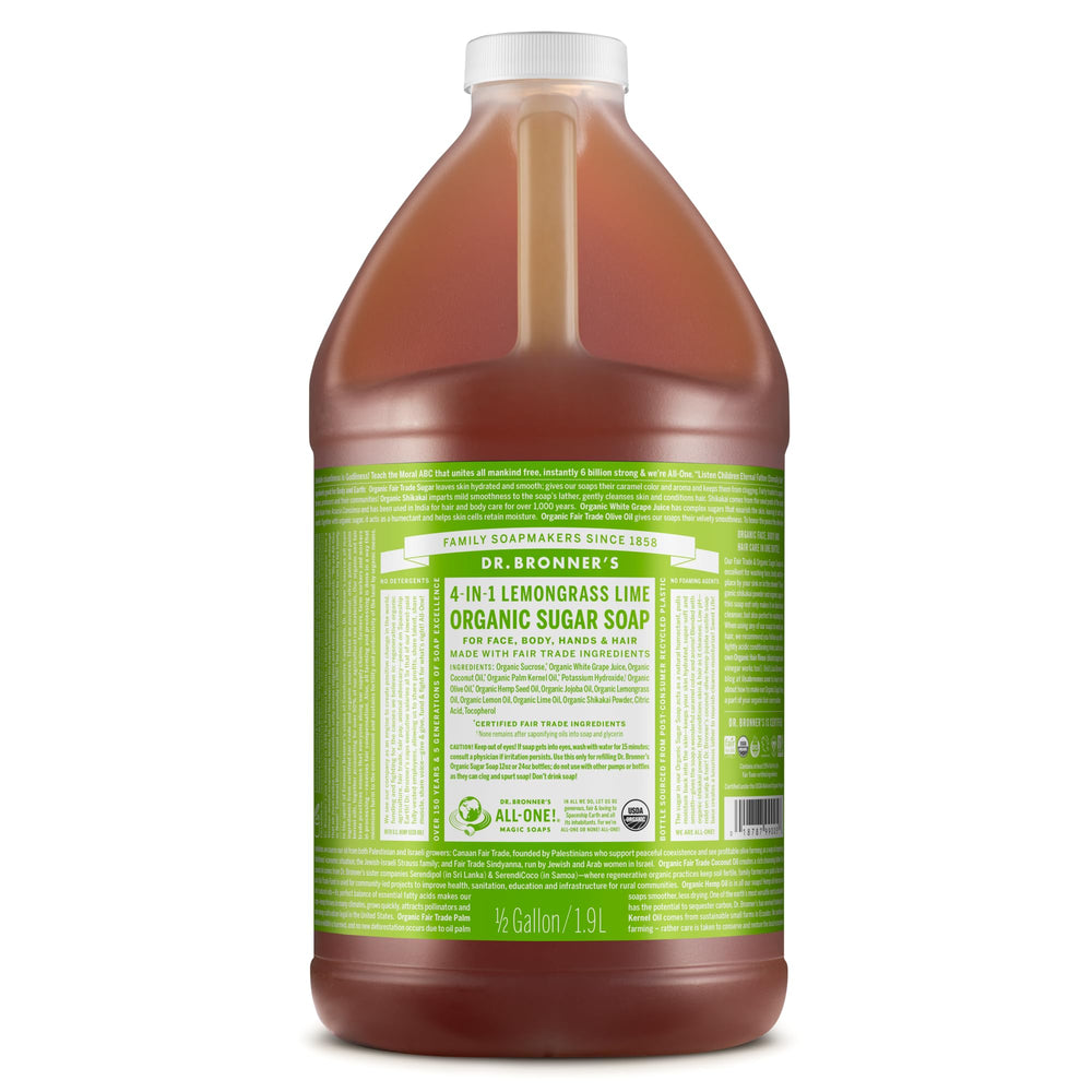 Dr. Bronner's Organic Sugar Soap Lemongrass bottle with creamy lather for cleansing.