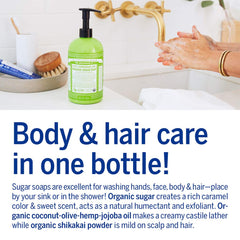 Dr. Bronner's Lemongrass sugar soap lather – refreshing body and hand cleansing.